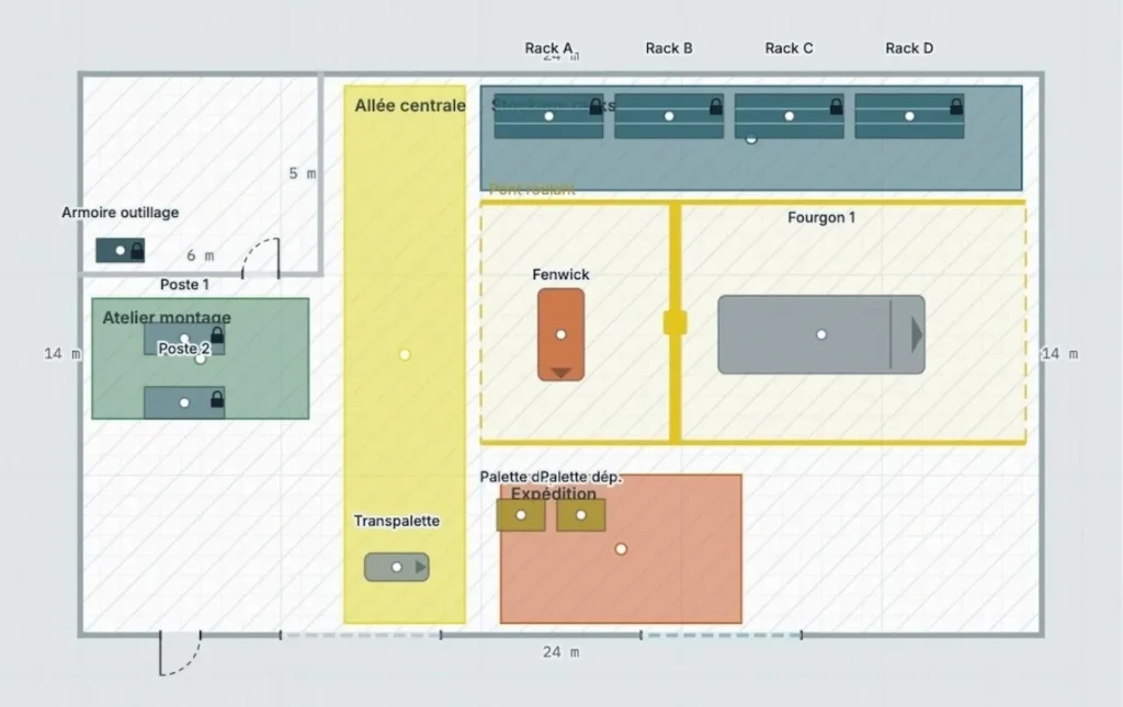 Plan 2D : Implantation atelier et dépôt modélisée en plan 2D avec zones, racks et véhicules